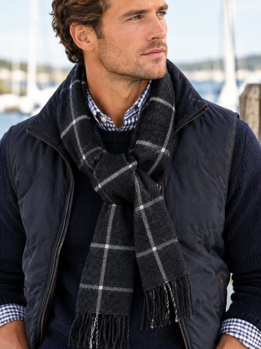 Van Heusen Charcoal Gray & White Plaid Scarf Unisex Made in Italy Rugged Preppy